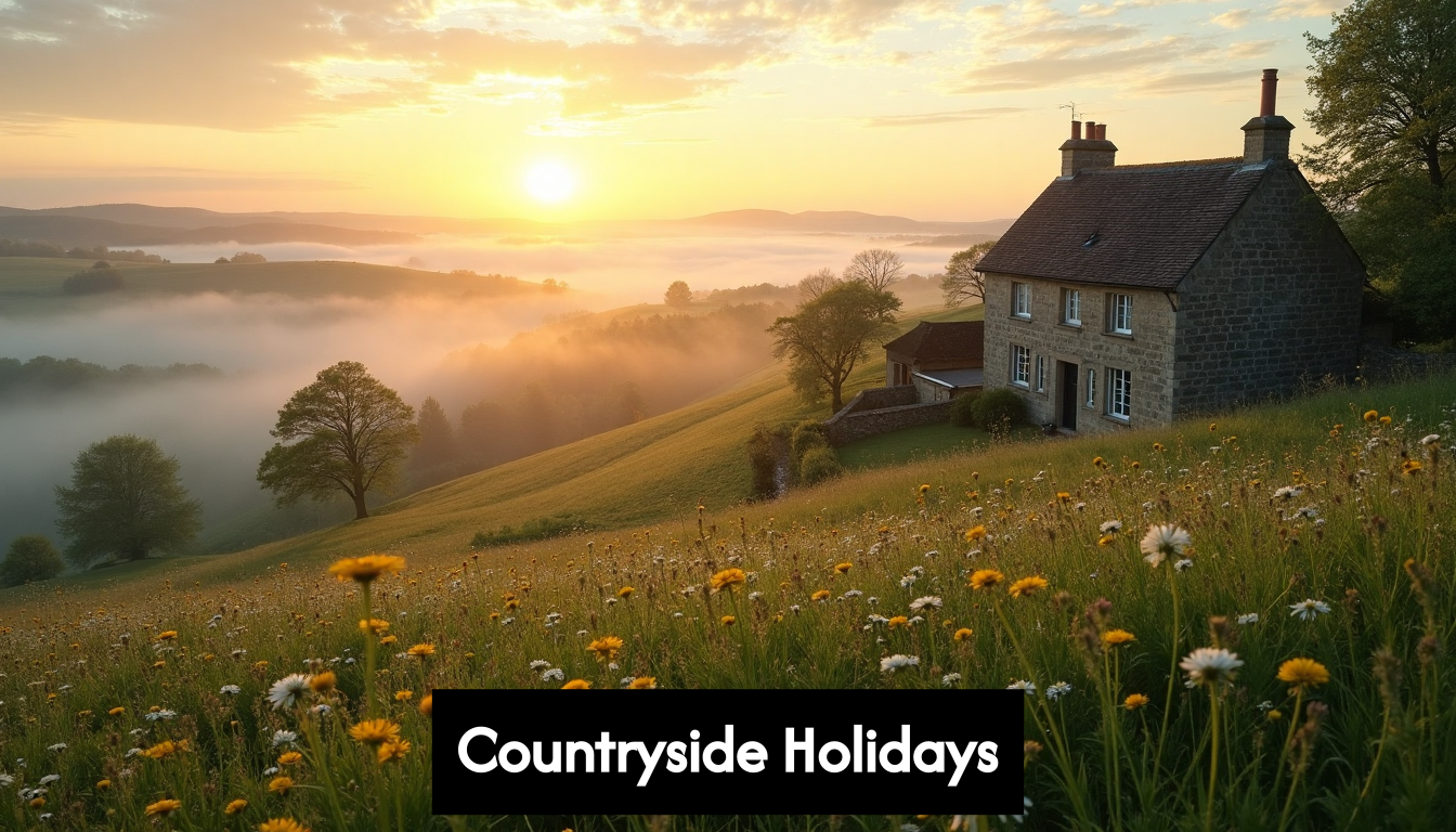 Stone cottage in misty British countryside at sunrise