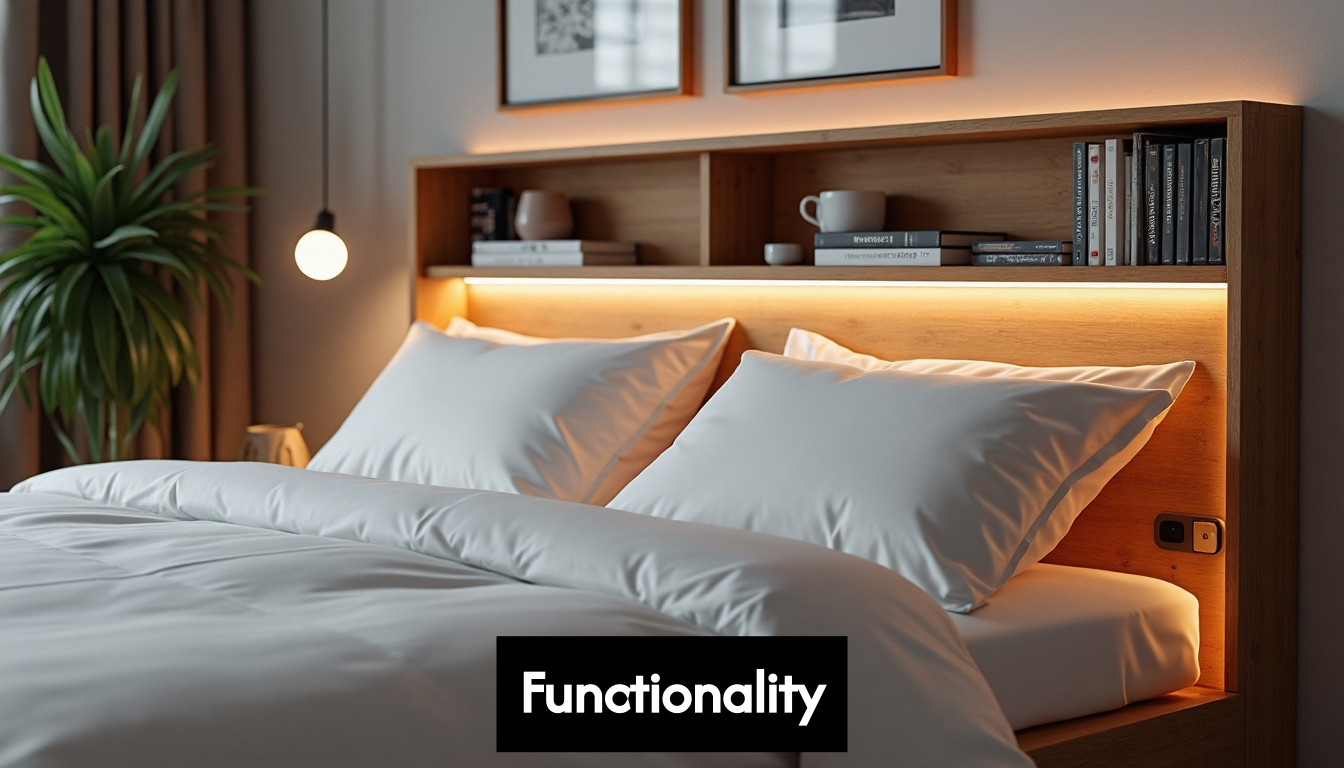 Storage headboard with integrated lighting and USB ports