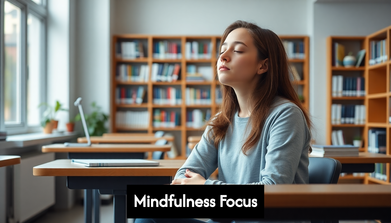 Student practicing mindfulness in a study space