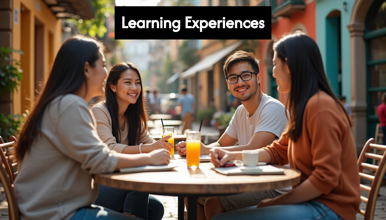 Students practicing language at an outdoor cafe with a local