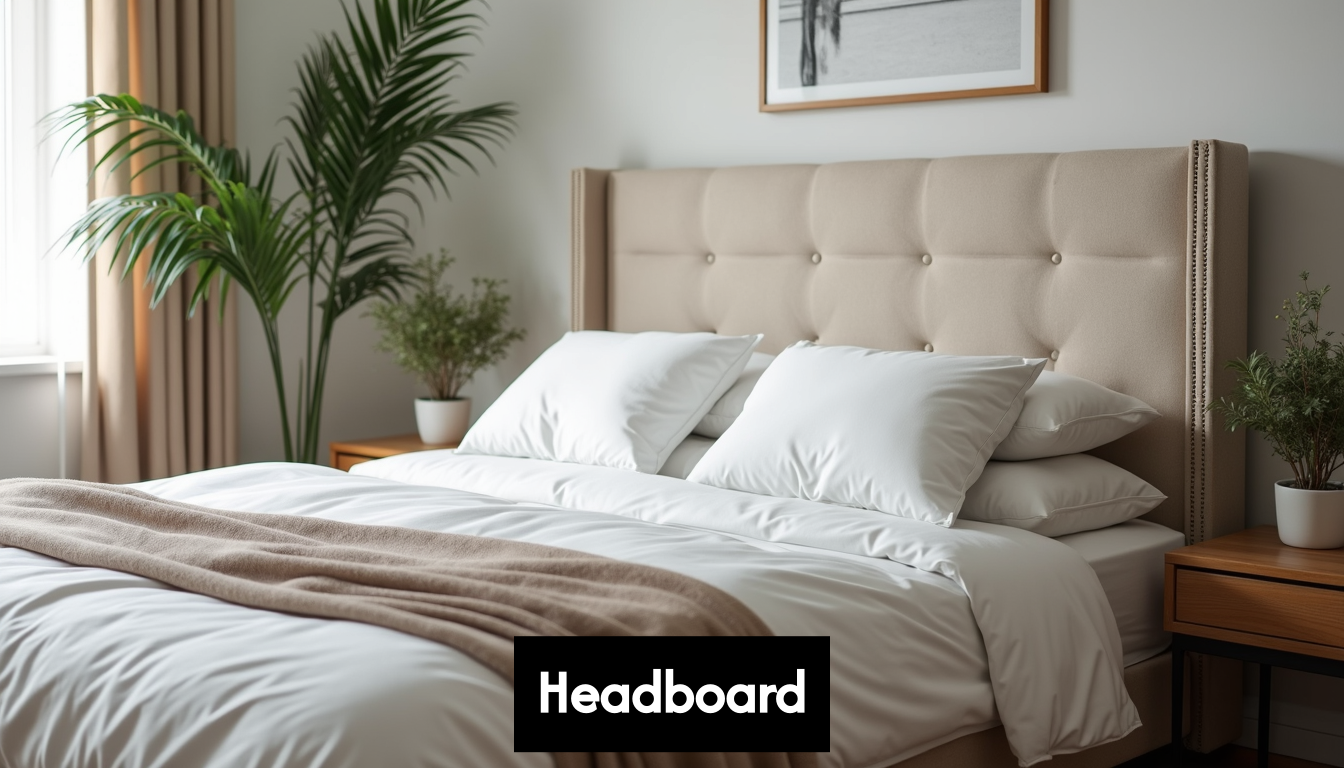 Stylish bed with an elegant headboard in a bedroom.