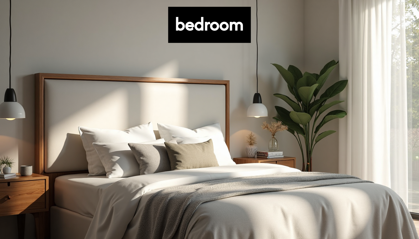 Stylish bedroom with modern headboard and layered bedding