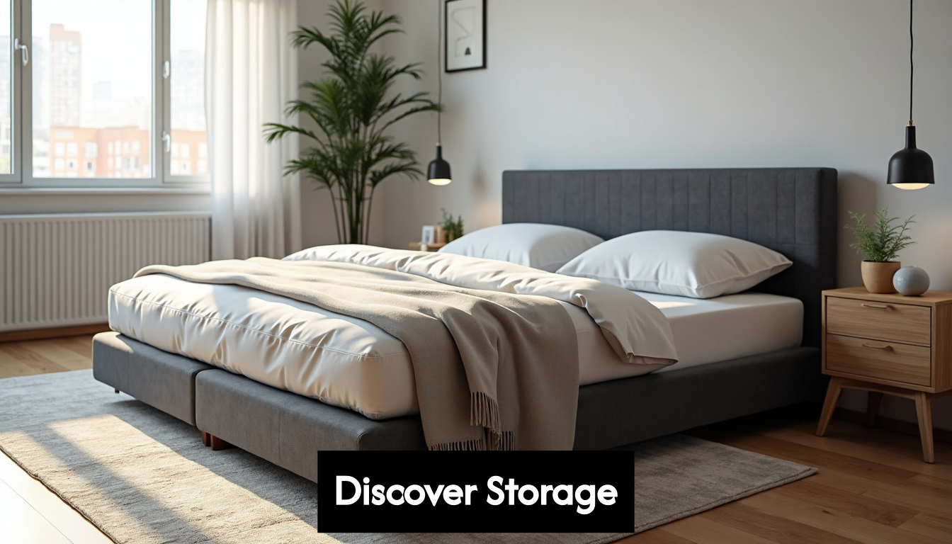 Stylish upholstered storage bed in a modern bedroom.