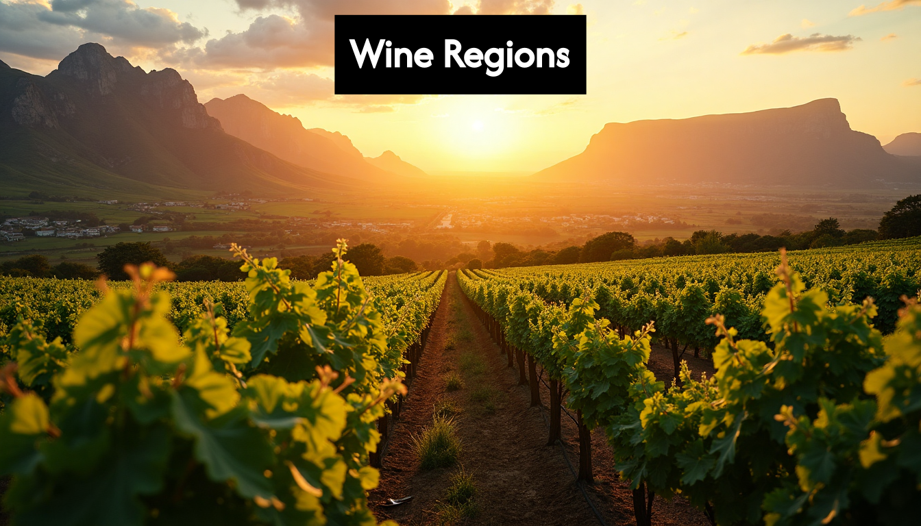 Sunrise over Cape Winelands vineyard and mountains