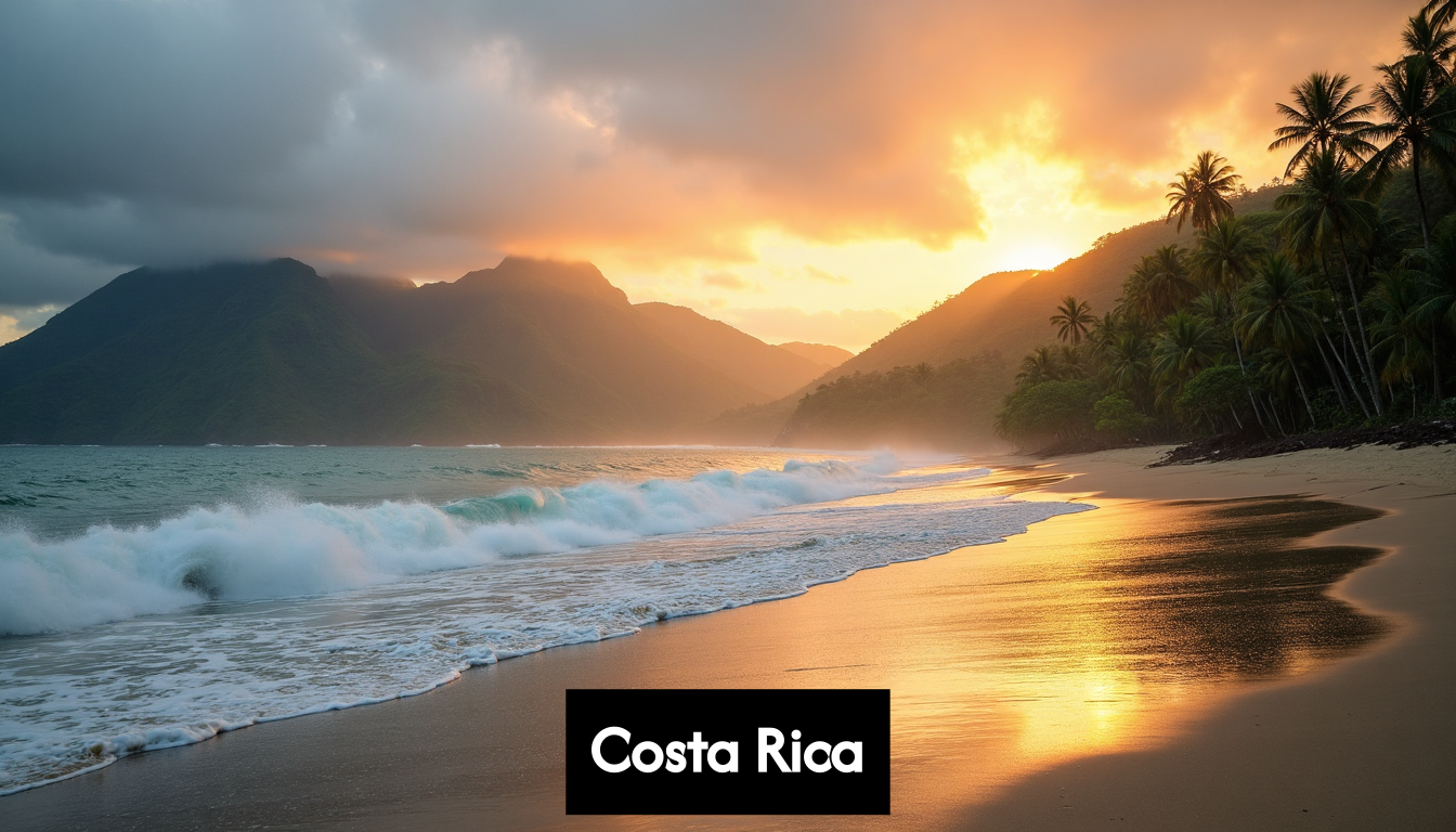 Sunrise over Costa Rica coastline with lush mountains