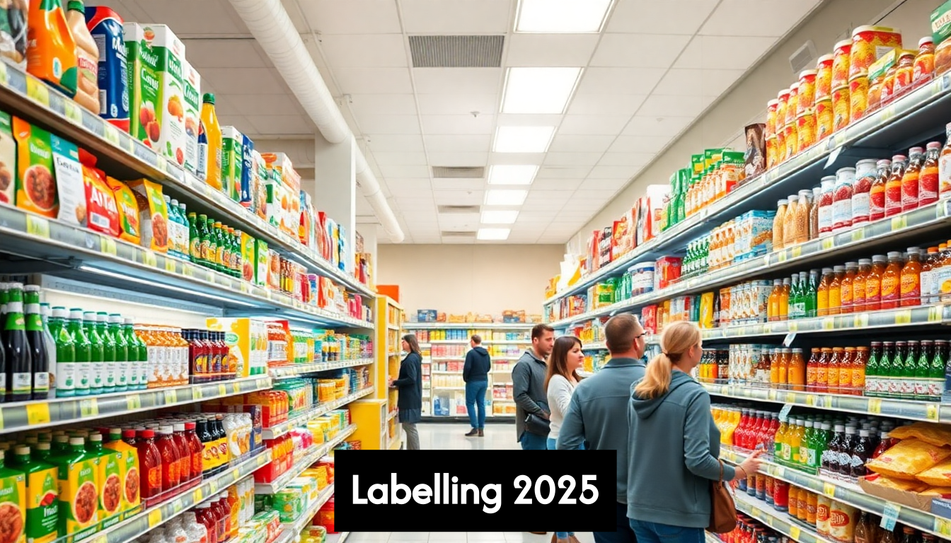 Supermarket shelves with clearly labeled food products