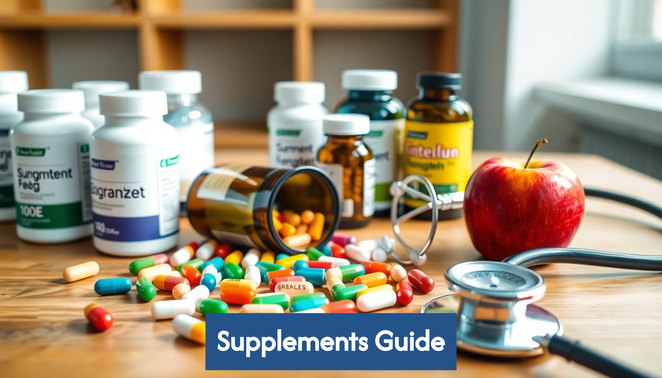 Supplement bottles, pills, stethoscope and apple on table