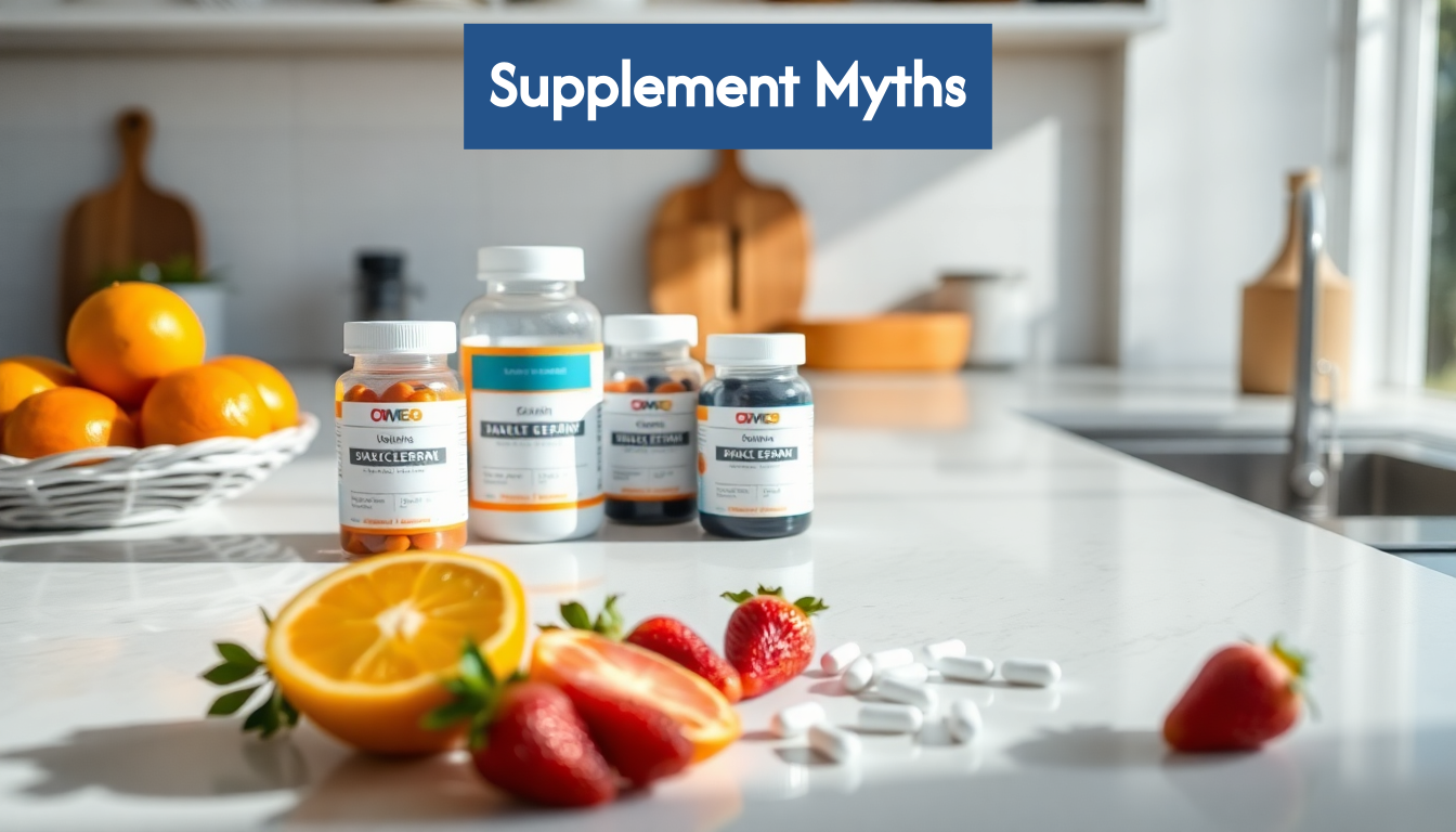 Supplements and fruits on kitchen counter