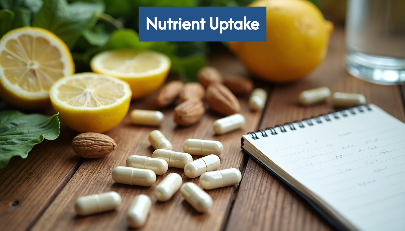 Supplements and healthy foods on a table