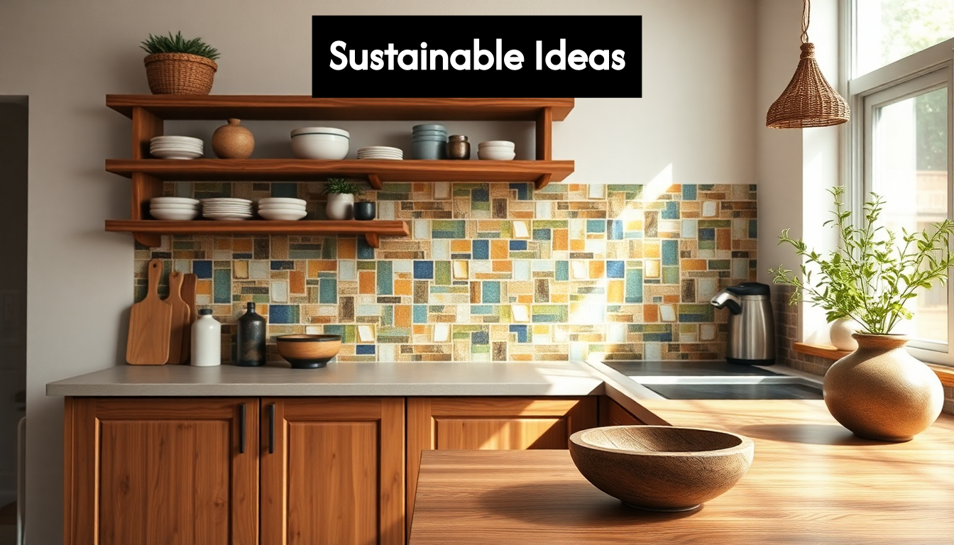 Sustainable kitchen with reclaimed shelves and recycled tiles