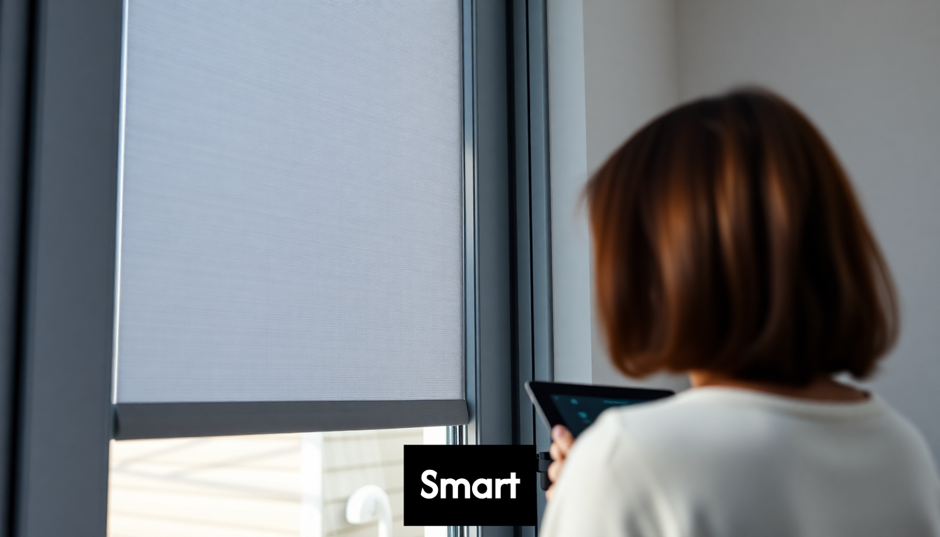 Tablet controlling smart exterior window shades on a house.
