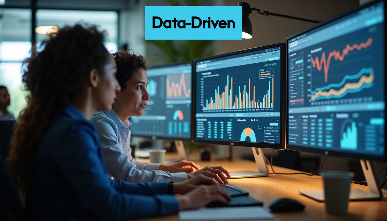 Team analyzing data on screens