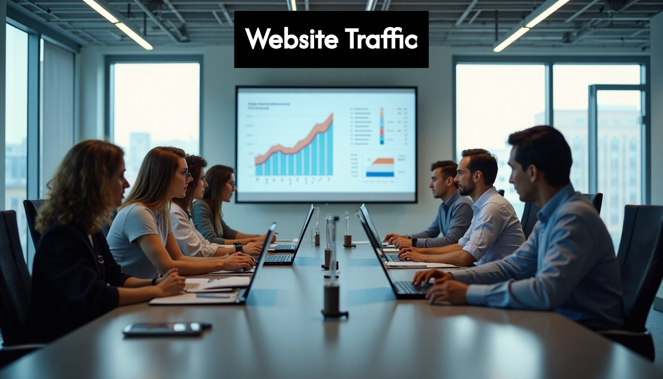 Team analyzing website traffic in a modern office