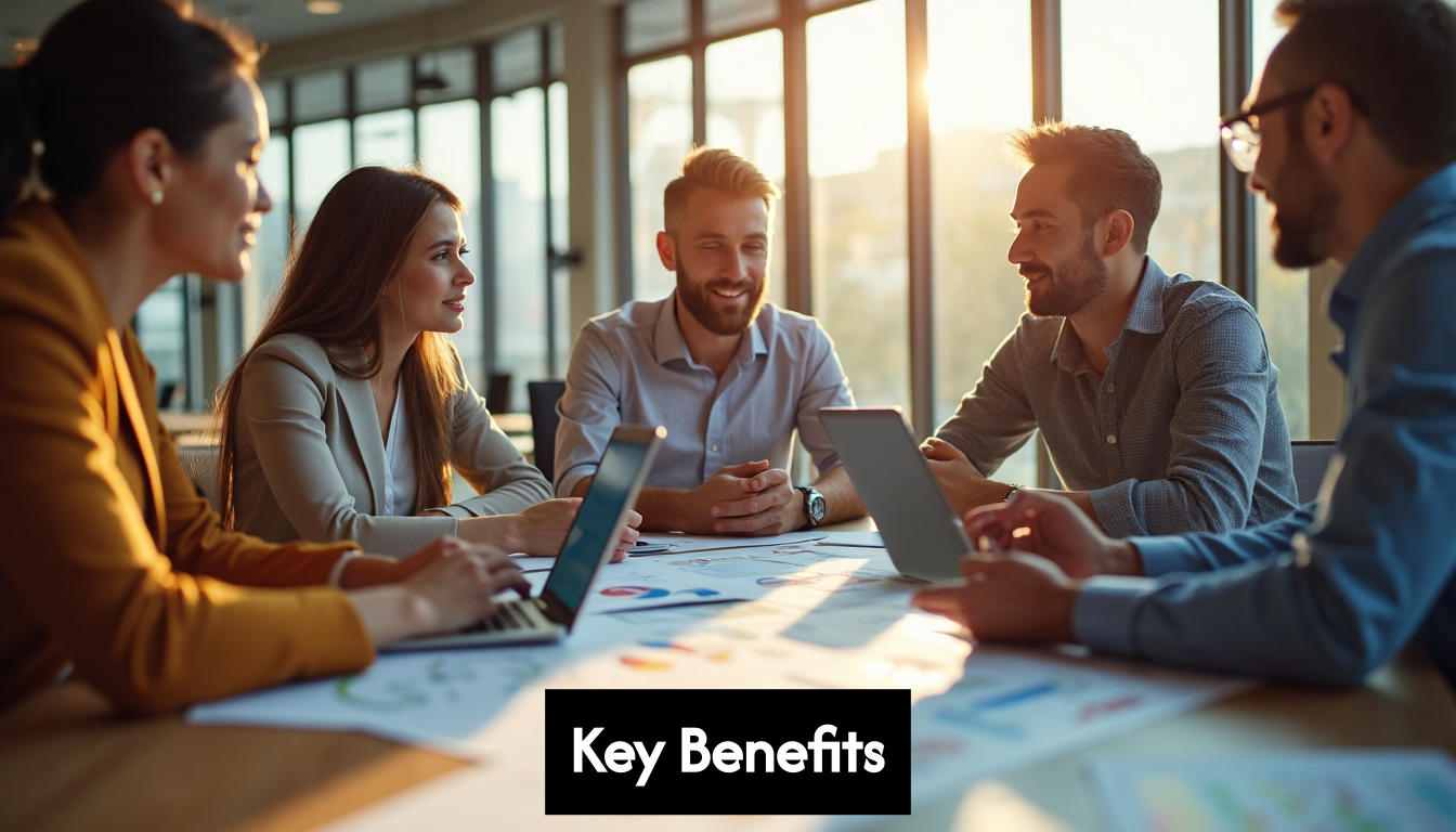 Team collaborates at office table with laptops