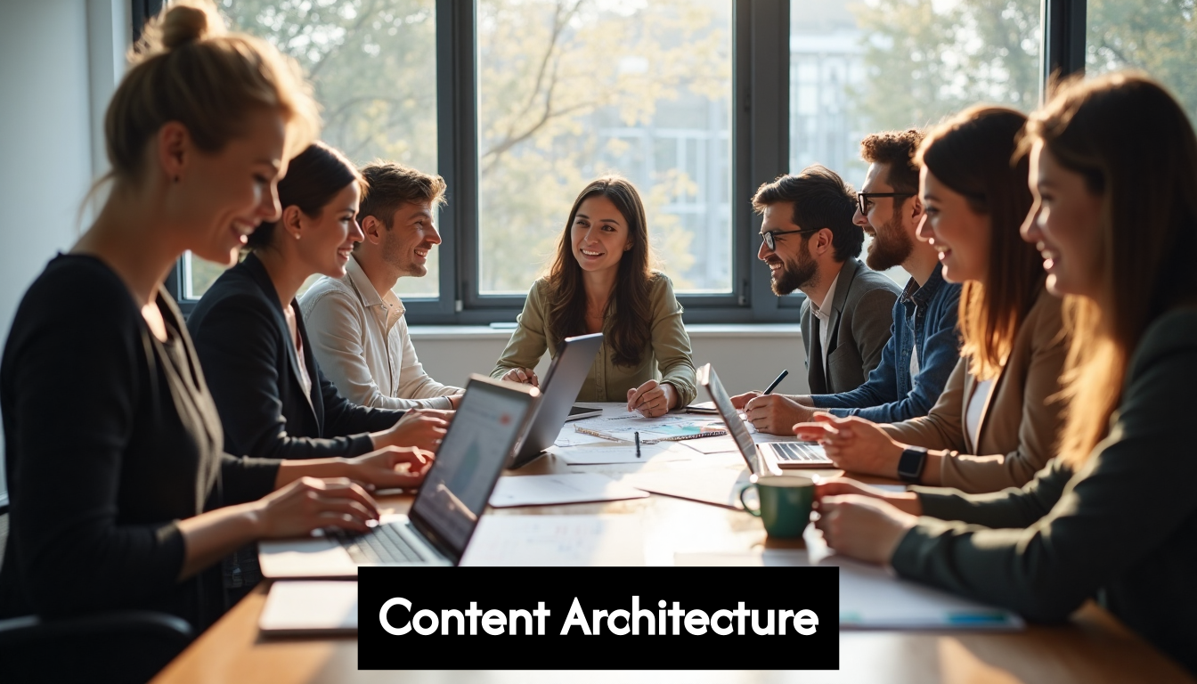 Team collaborating on content strategy in office