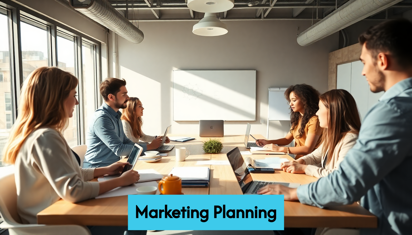Team collaborating on marketing strategies in bright office