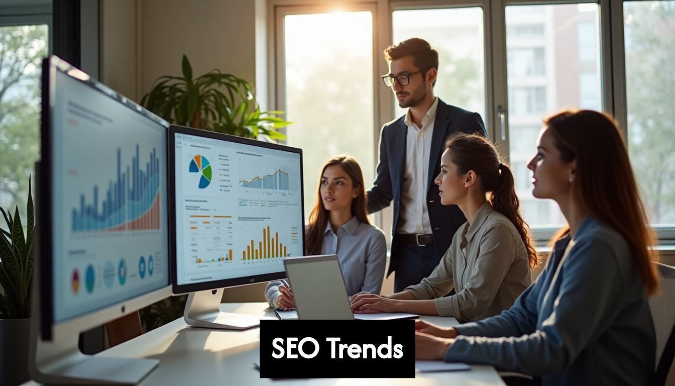 Team collaborating on SEO strategy in office