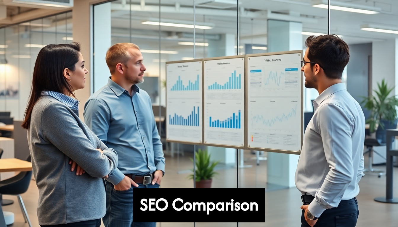 Team collaborating on SEO strategy in office