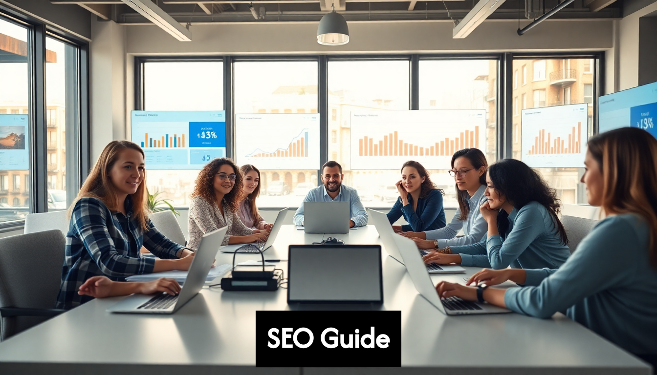 Team collaborating over SEO analytics in office