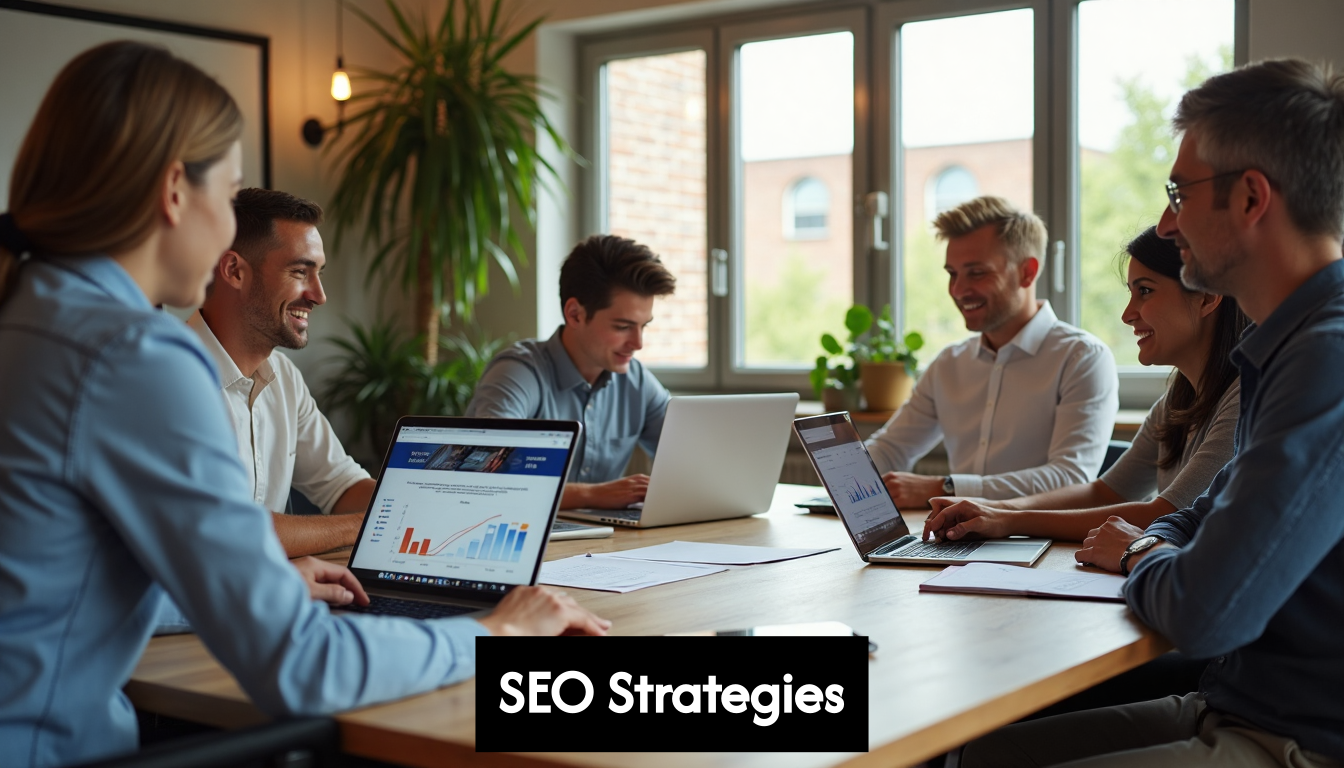 Team discussing SEO strategies in office