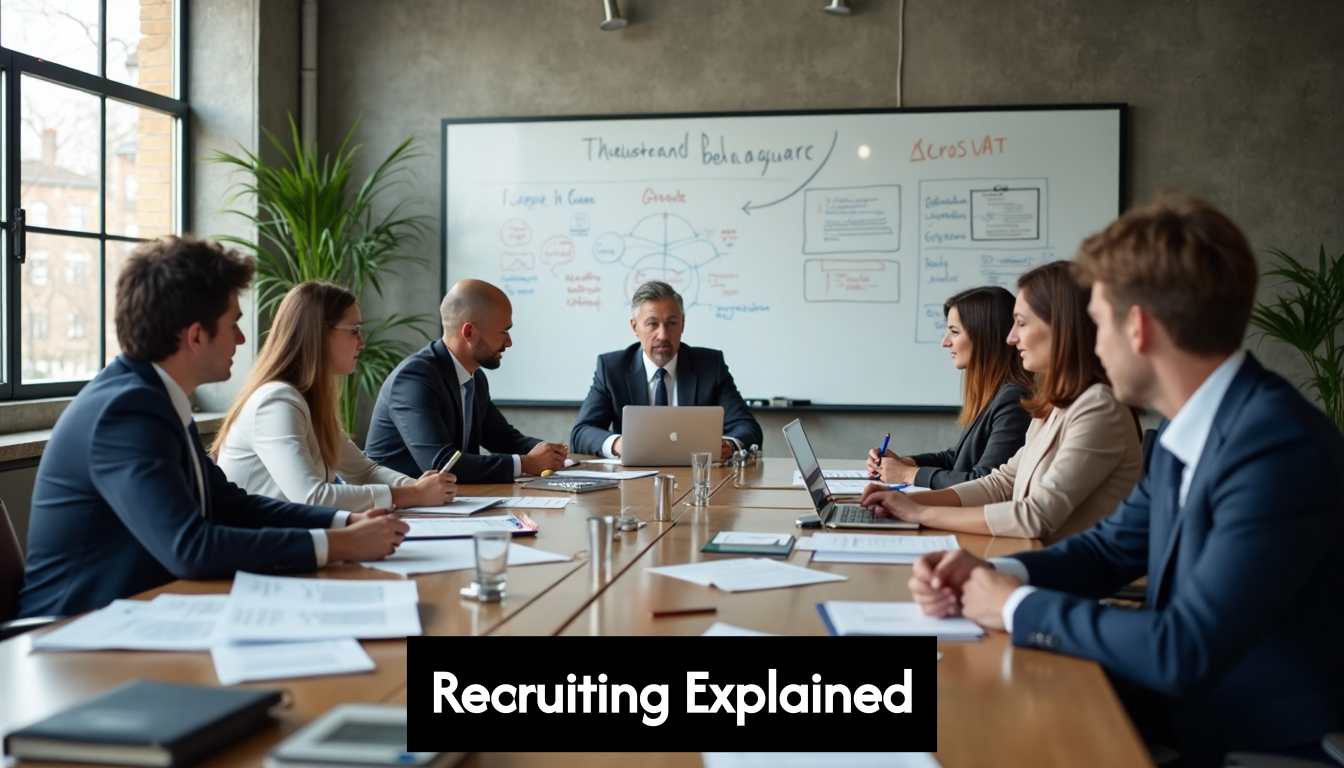 Team in office discussing recruitment strategies