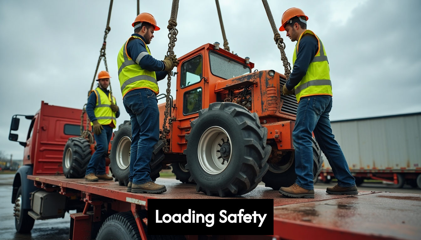 Team loading equipment onto flatbed truck
