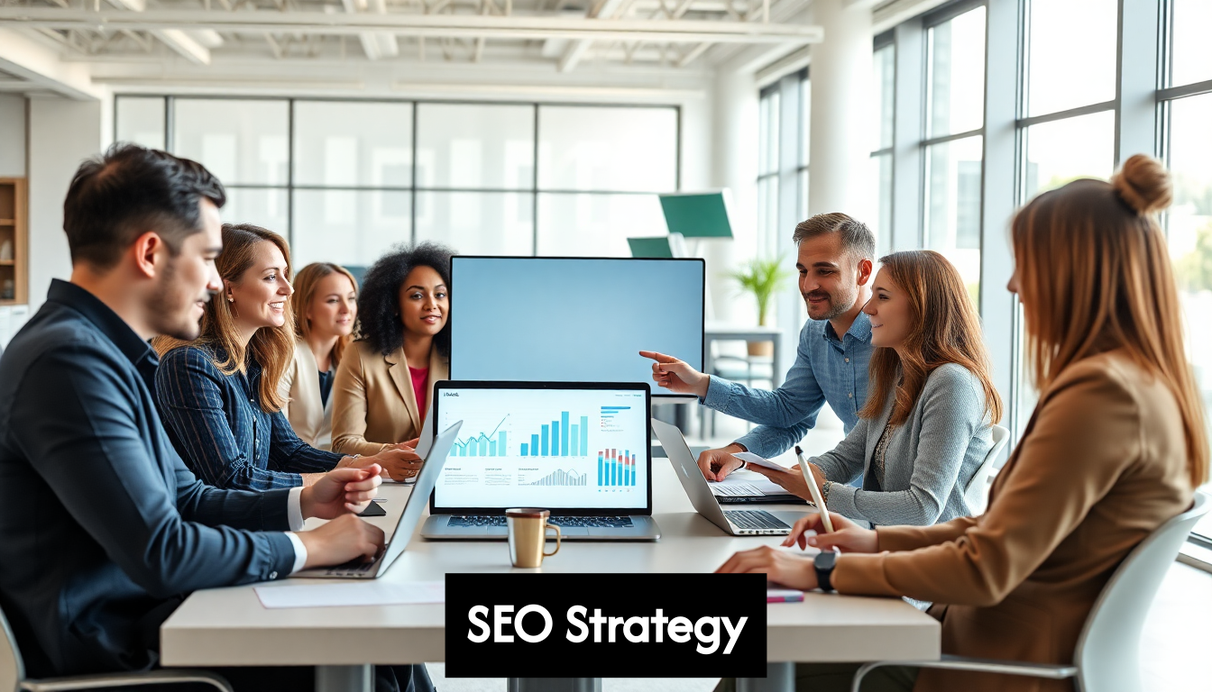 Team meeting discussing SEO strategy in modern office