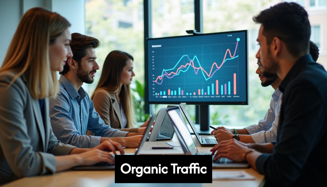 Team reviewing website analytics in modern office