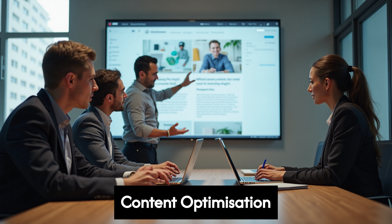 Team reviewing website on screen in meeting room