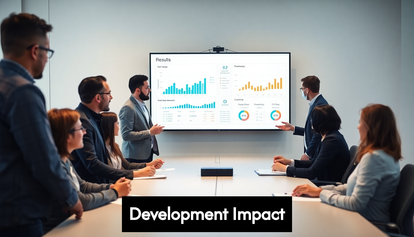 Team reviews impact metrics in meeting room