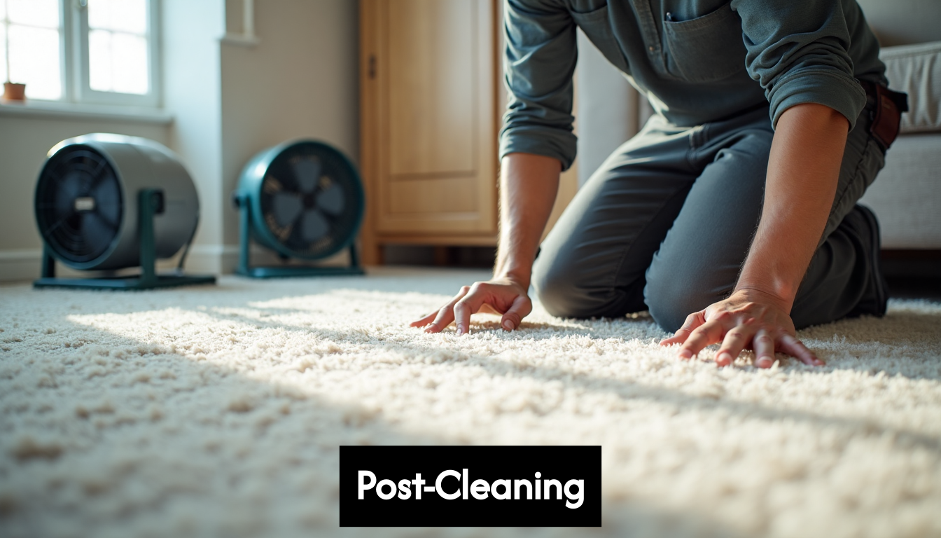 Technician drying and inspecting cleaned carpet