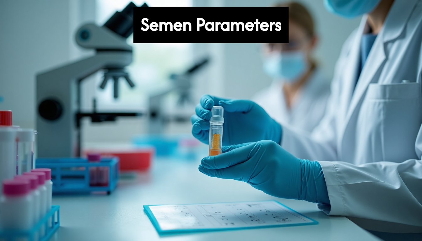 Technician handling semen sample in laboratory
