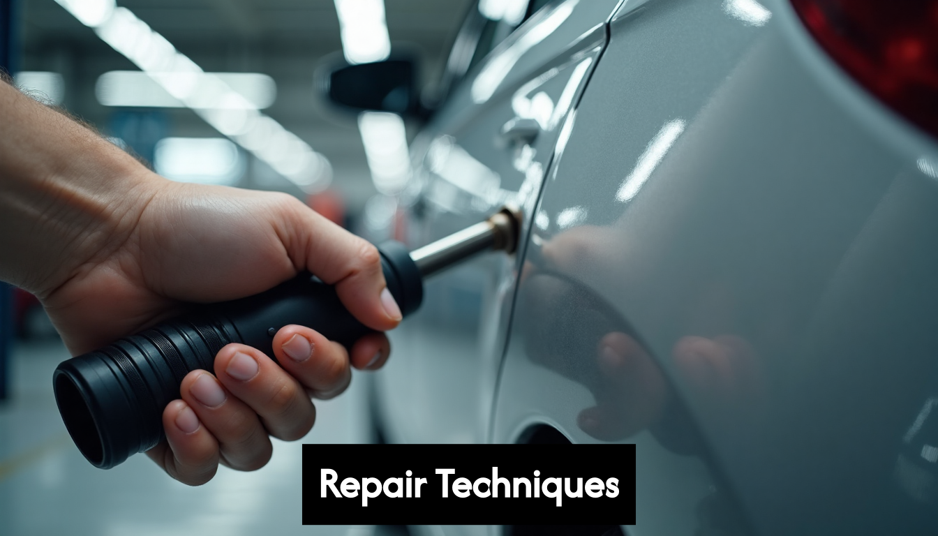 Technician performing paintless dent removal in garage