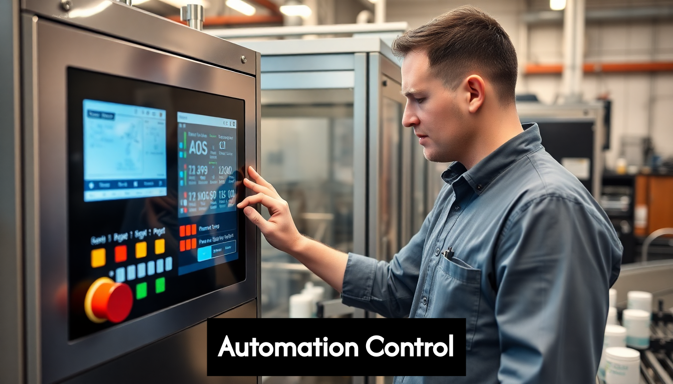 Technician using labelling machine touchscreen
