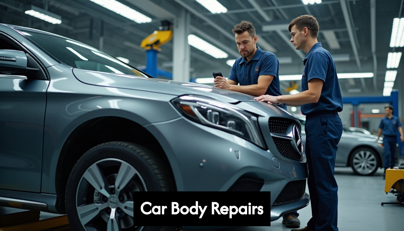 Technicians assessing car bodywork in a garage