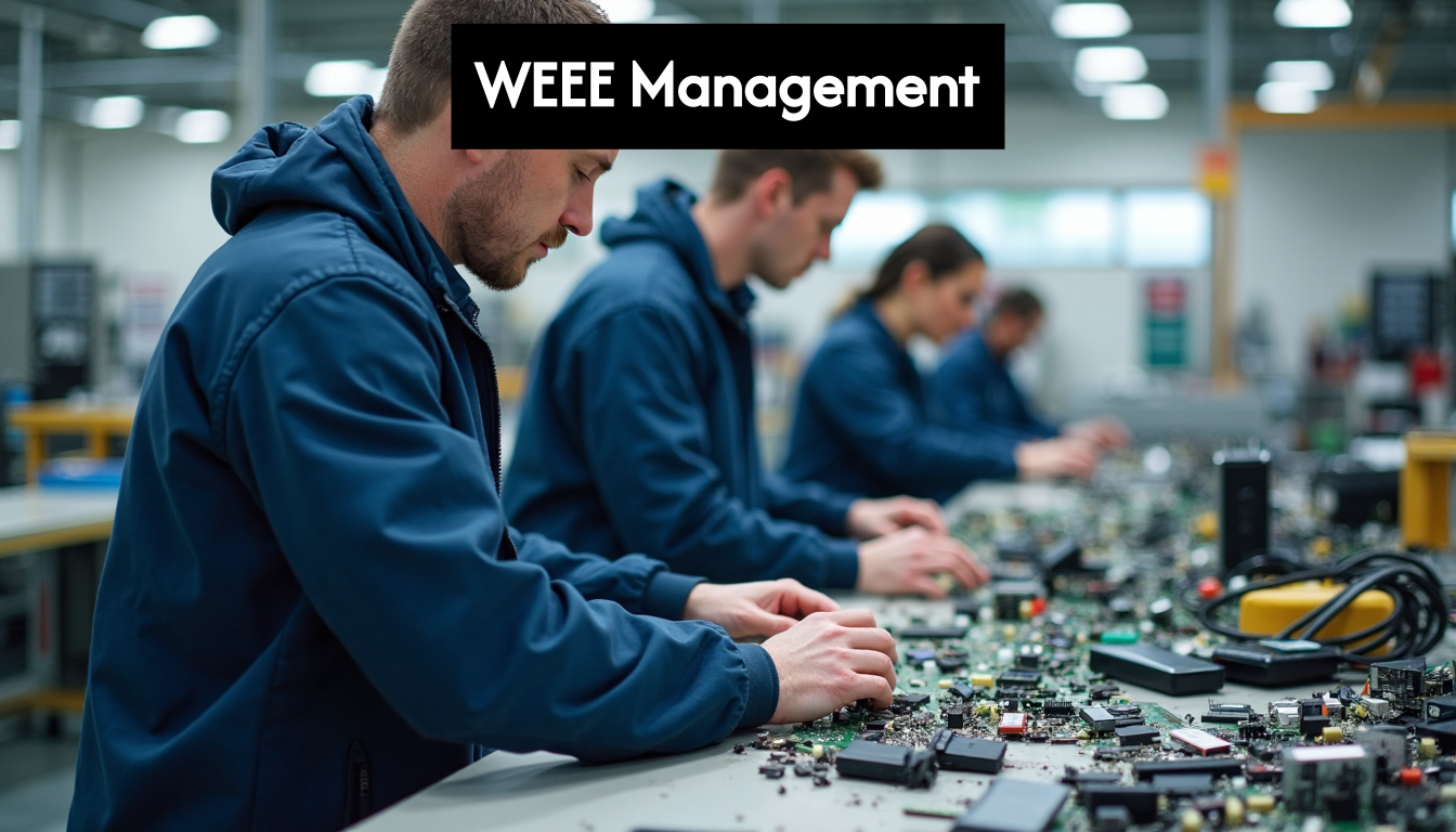 Technicians dismantling electronics in recycling facility