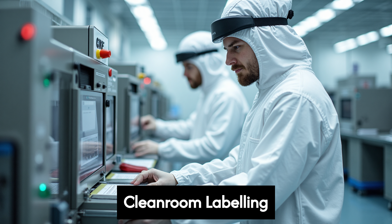 Technicians using labelling machines in a cleanroom