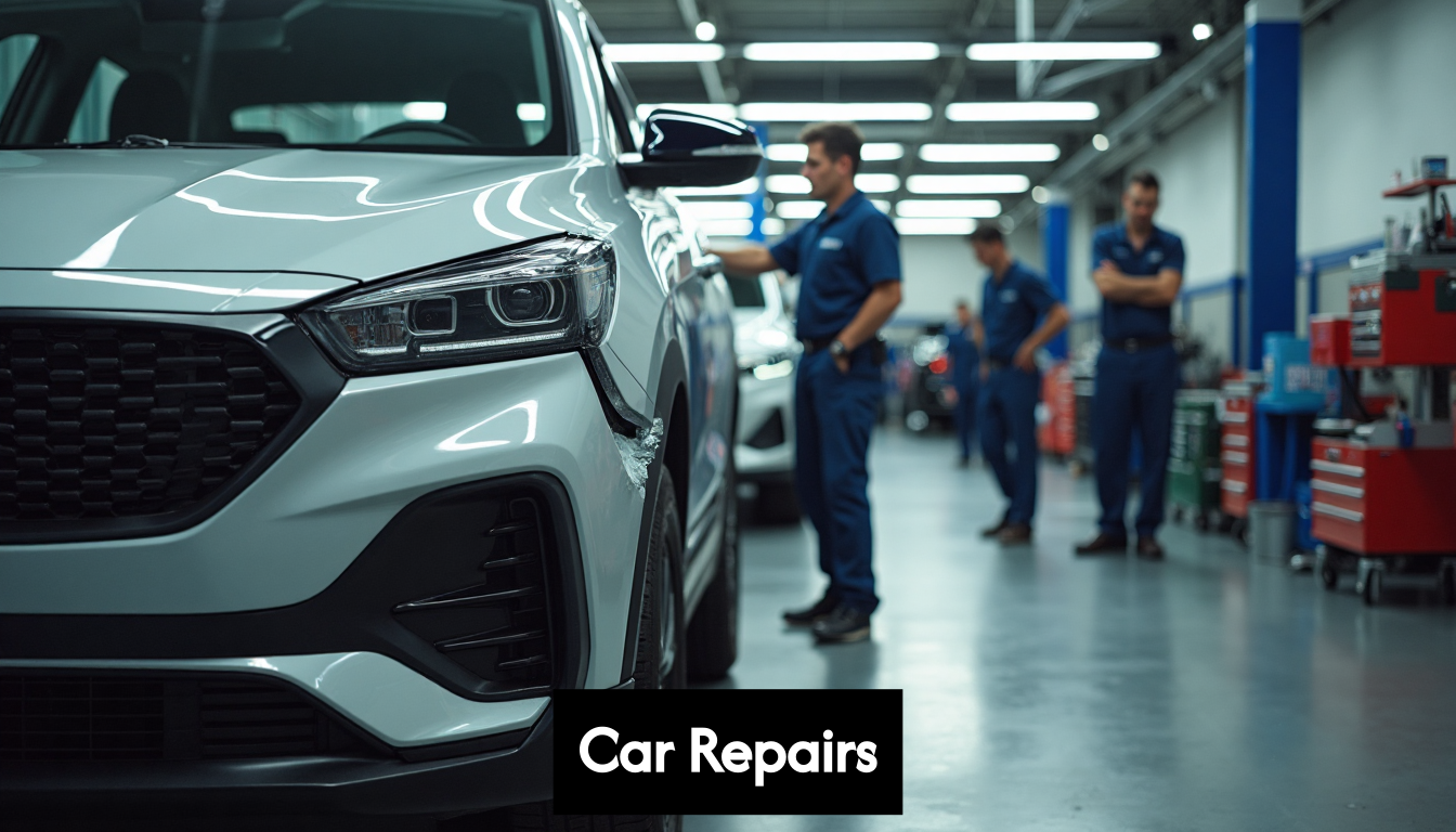Technicians working on car body repair in garage