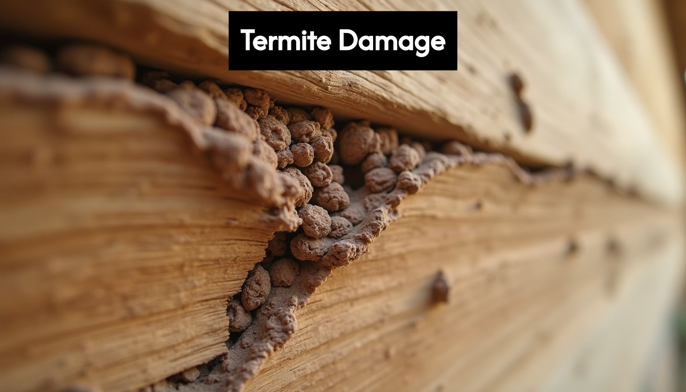 Termite mud tubes and damage beneath wood surface
