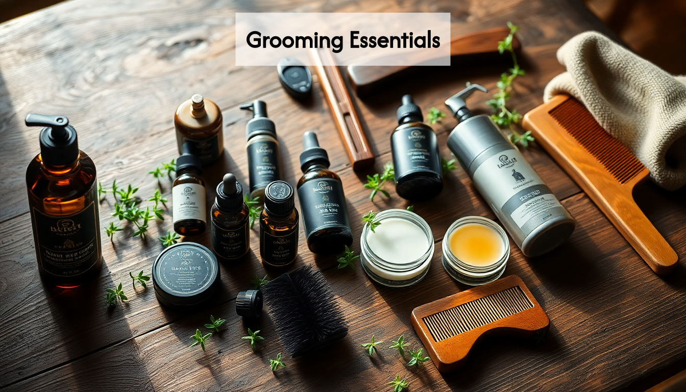 Various beard grooming products on a table