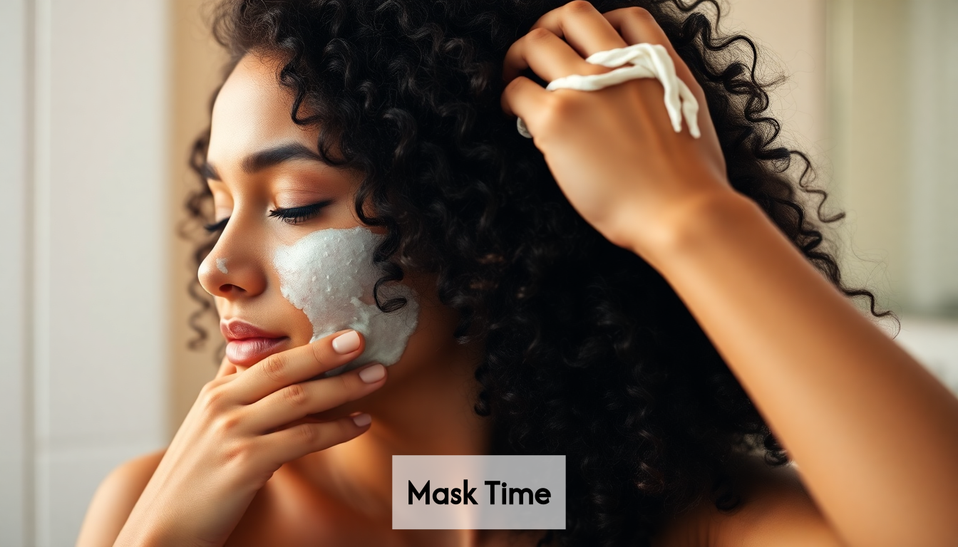 Woman applying hair mask to curly hair