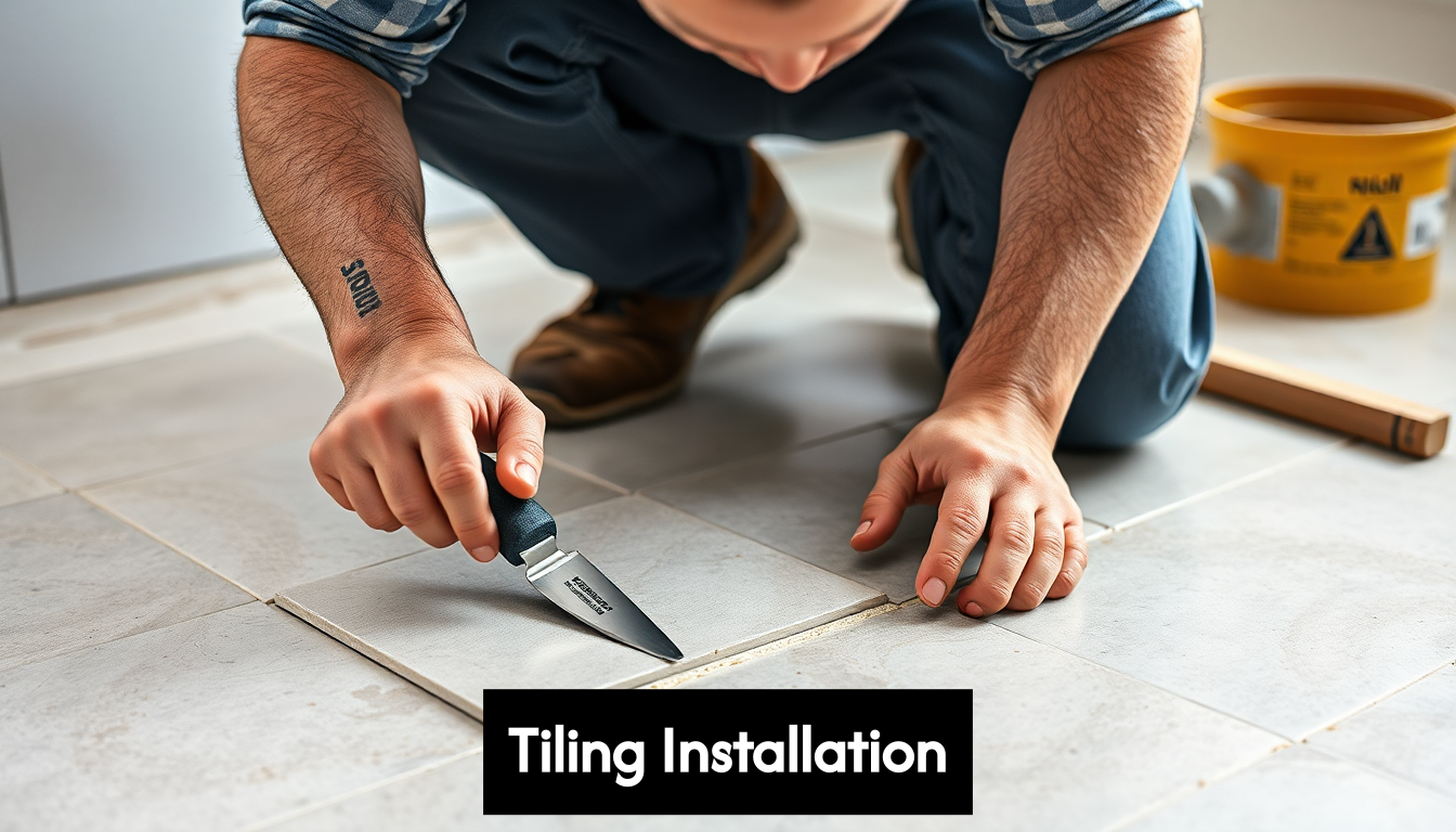 Tiler installing tiles on the floor