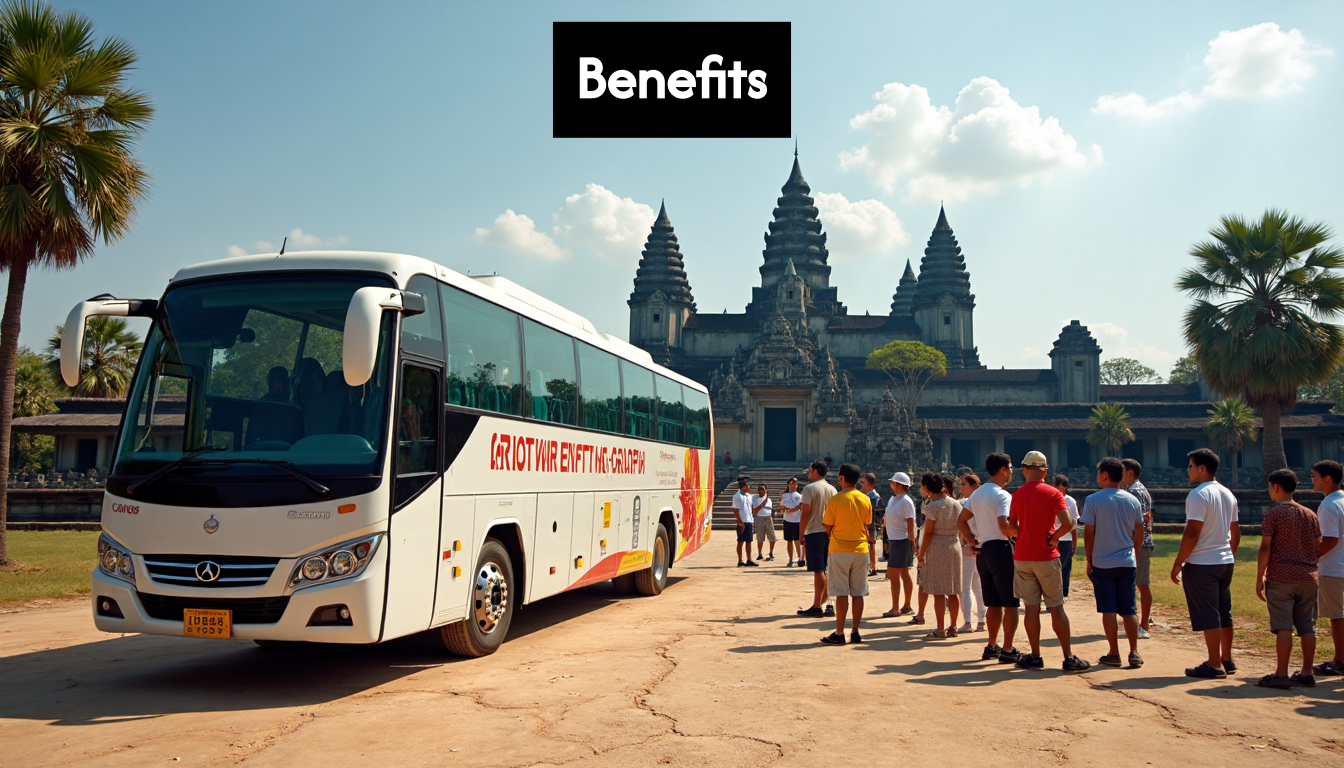 Tour bus parked near a historical landmark with tourists.
