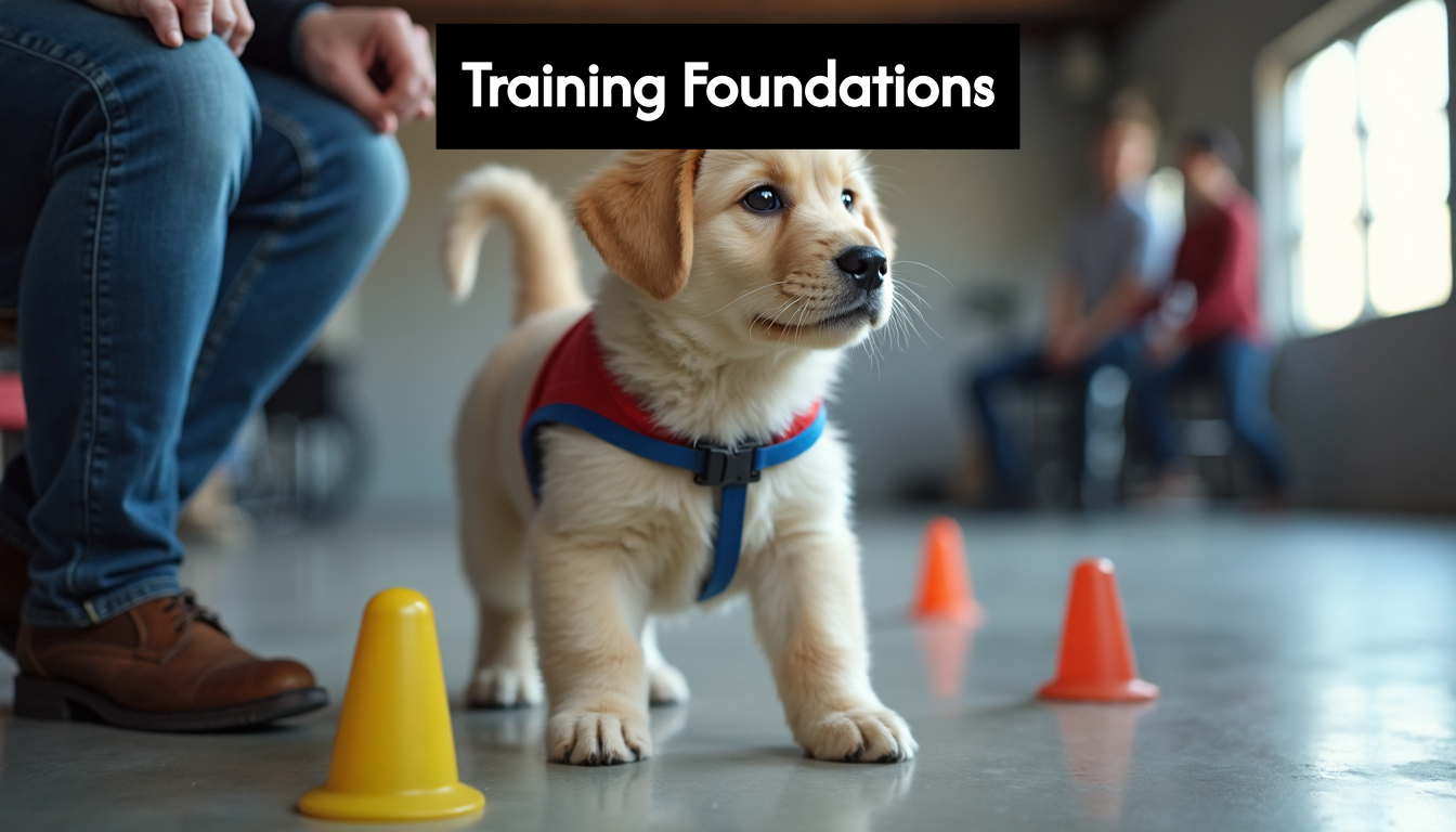 Trainer guides young service dog during obedience training