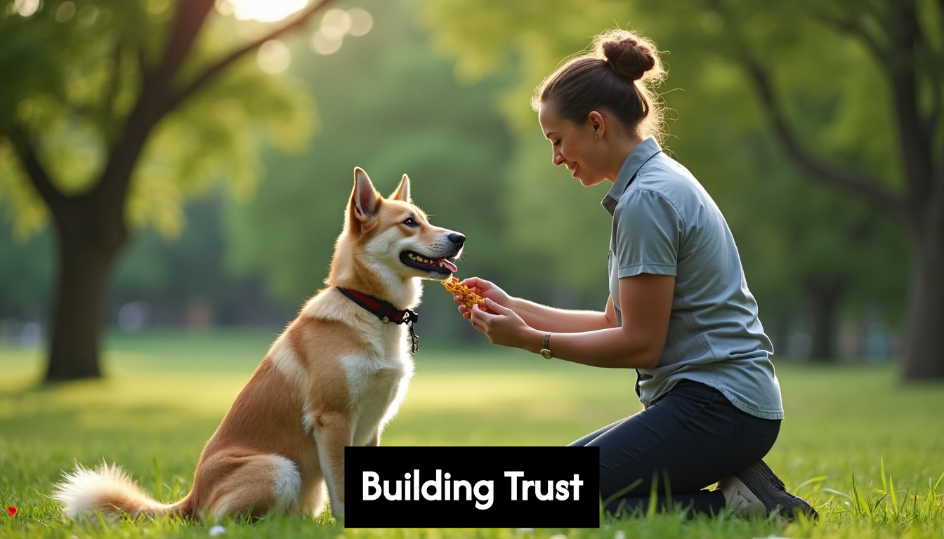 Trainer working with rescue dog in park