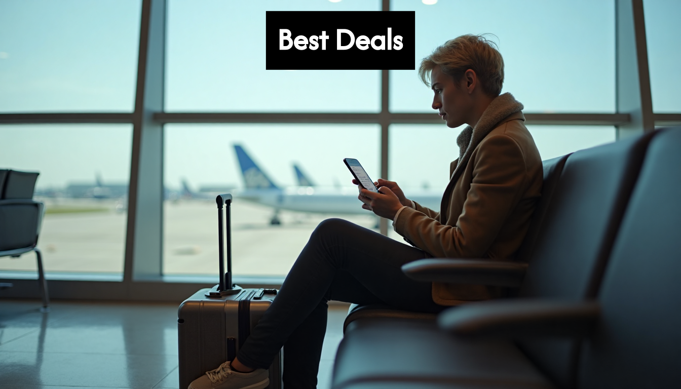 Traveler checking flight deals on phone at airport