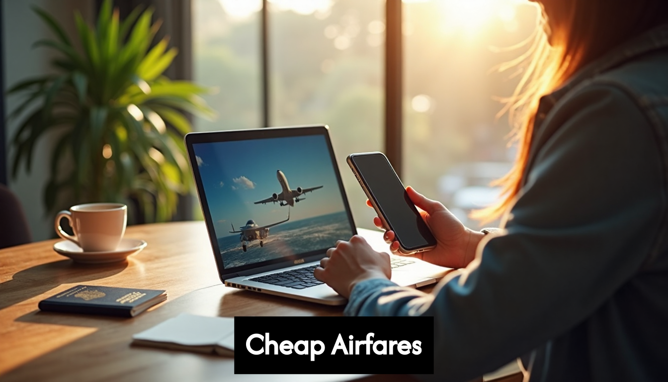 Traveler comparing flight prices on laptop and phone