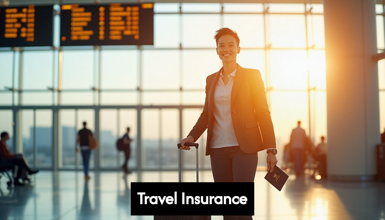 Traveler in airport holding passport and suitcase