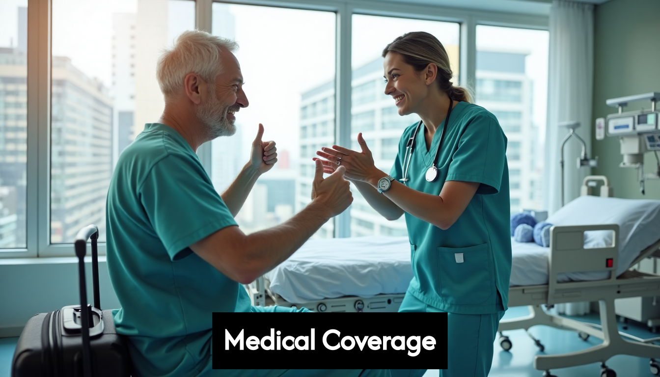 Traveler receiving medical care abroad hospital room