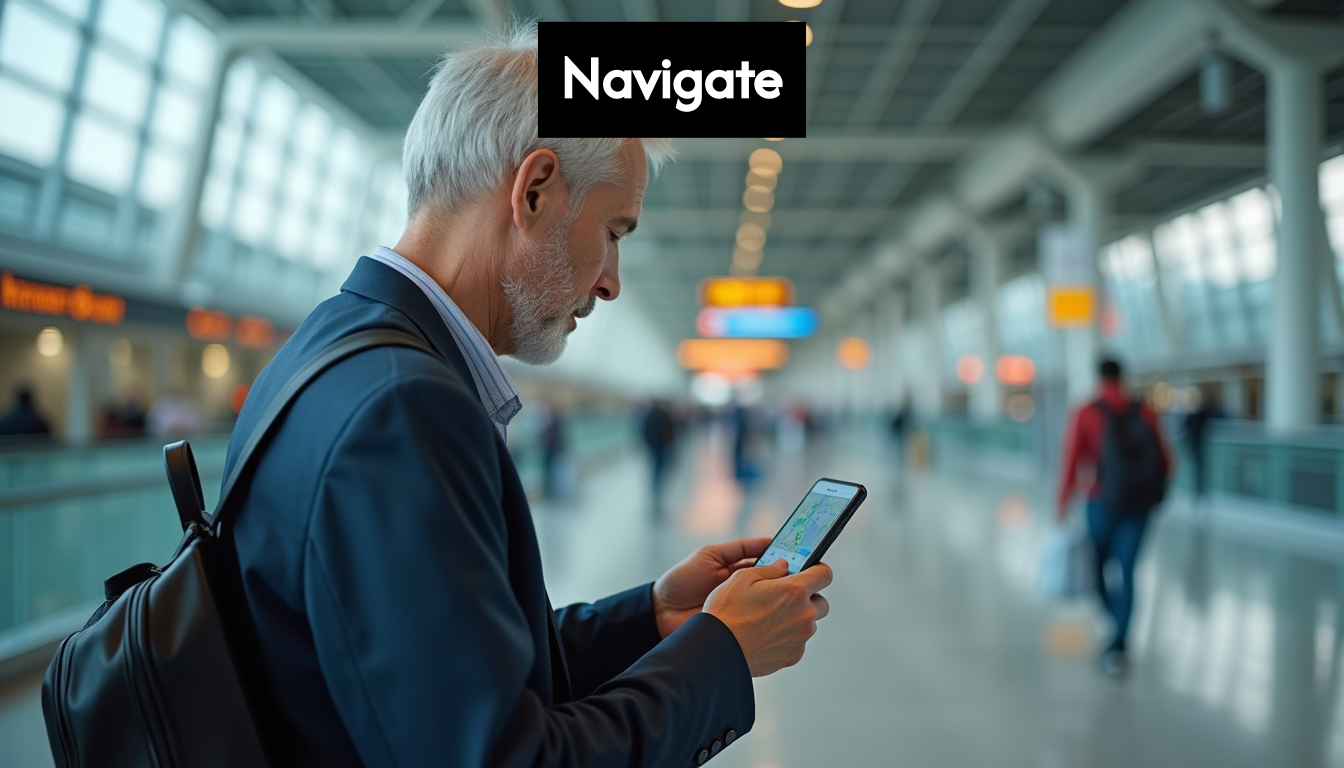 Traveler using phone for airport navigation.